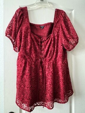 Torrid 3X Crimson Lace-Up Crochet Peasant Blouse